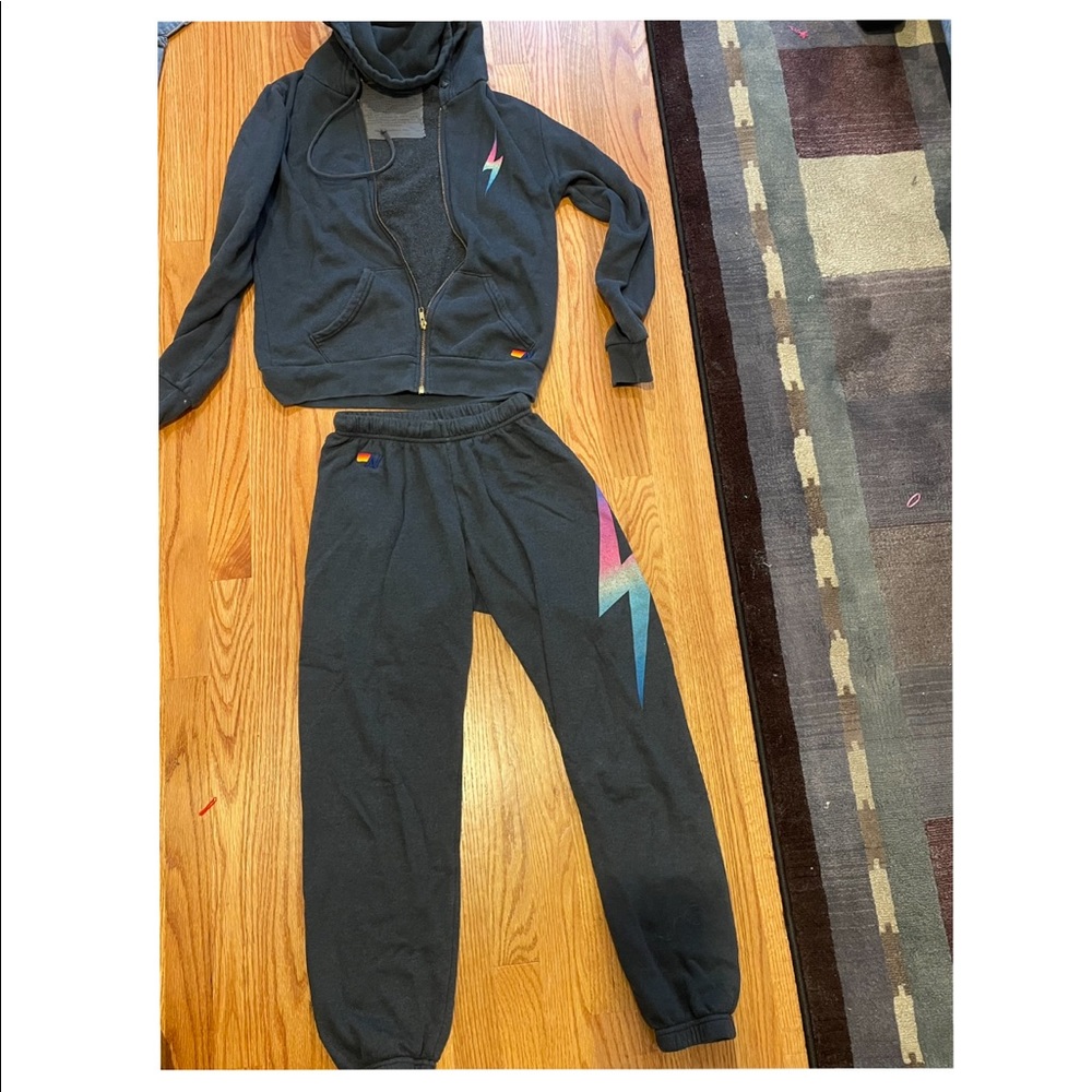 AVIATOR NATION LIGHTNING BOLT SWEATPANTS AND ZIP UP SET.